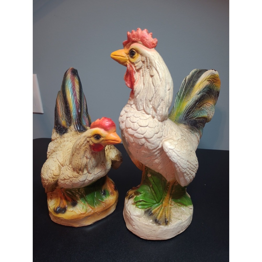 Pair Ceramic‎ Chickens Rooster & Hen Figurines hand painted Mexico - Gorgeous